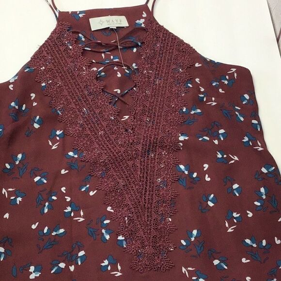 WAYF Burgundy Lace & Floral Lace up Camisole spaghetti strap top. XS - Picture 7 of 9